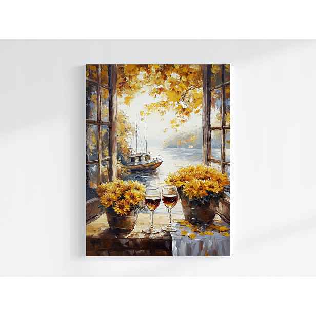 Plakát Okno Podzim Loď Víno Květy Chryzantémy 75x100