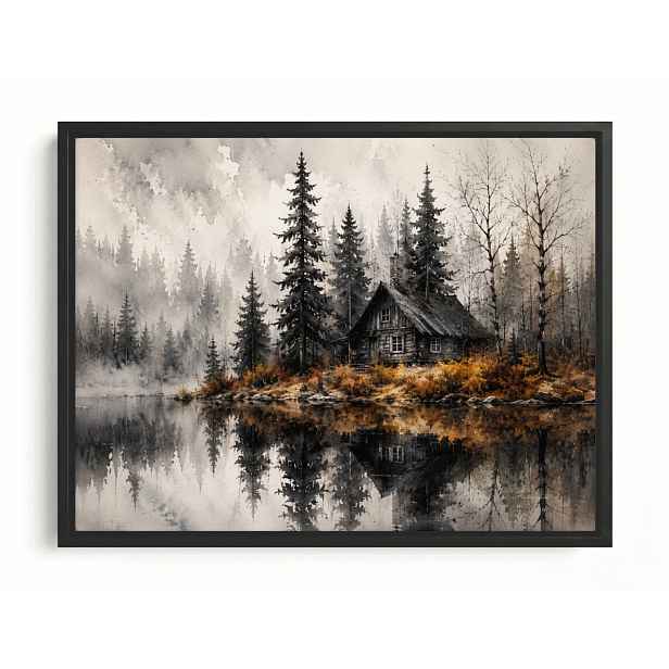 Obraz Rám Americký Box Les Stromy Jezero Chata Mlha Podzim Šedá 80x60