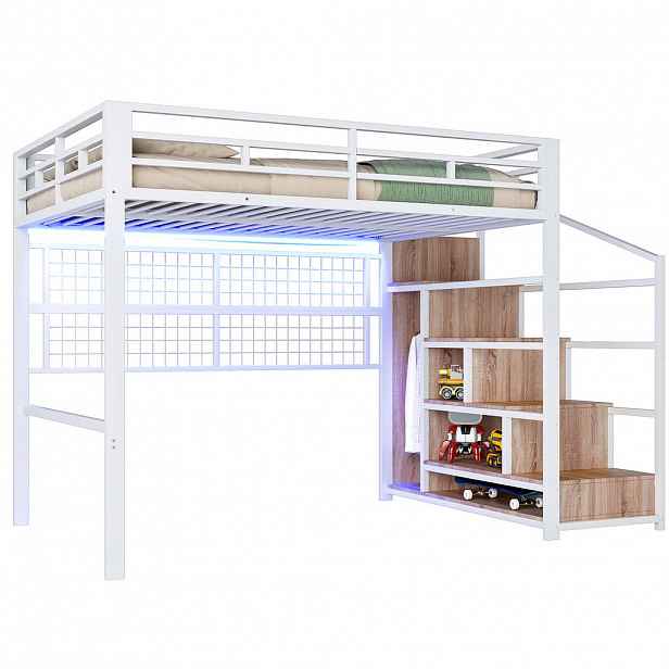 STILVORA HOCHBETT 140/200 cm in Weiß mit Kleiderschrank, Stauraumleiter und LED