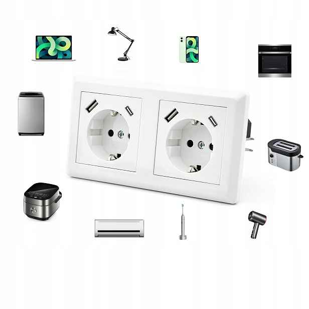250V 16A Bílá Zásuvka Dvojitá S Usb Nabíječkou A+c