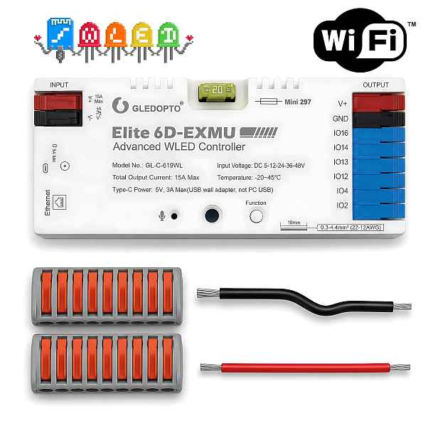Led ovladač Wled Rgbic WiFi ESP32 Ethernet RJ45 mikrofon Mqtt 6 Kanálů