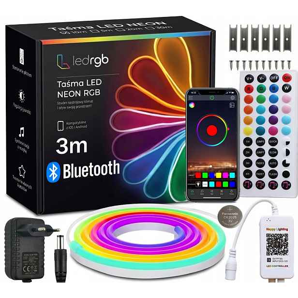 Set Led Pásek Neon 3M Rgb (1x3) Aplikace Bluetooth Dálkový Ovladač Napájecí Zdroj IP67