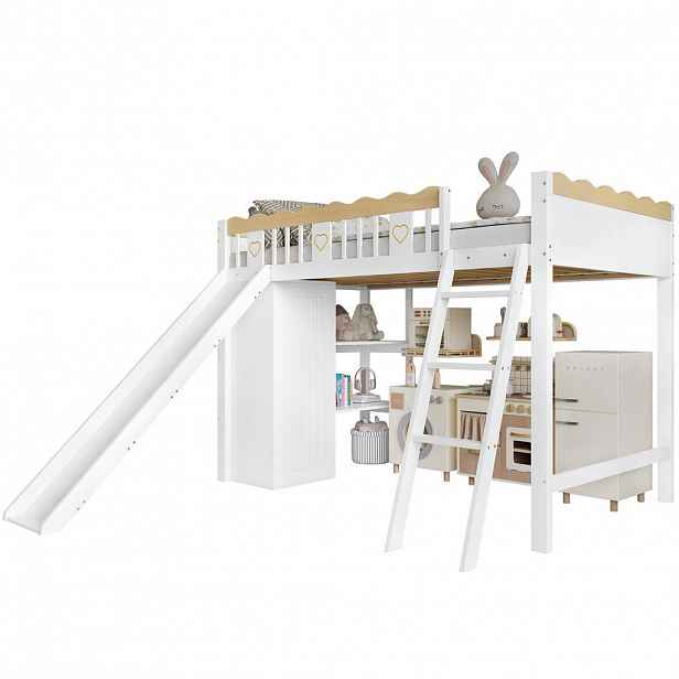 STILVORA HOCHBETT 90/200 cm in Weiß & Natur Kinderbett mit Rutsche, Kleiderschrank und Ablageschrank