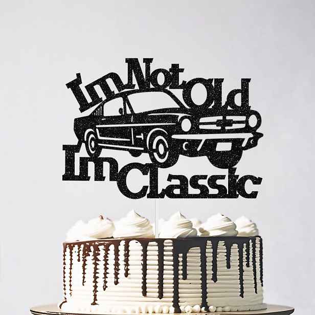 TEMU Old I' Cake Topper - Topper na dort s vintage auta, Všechno nejlepší k narozeninám, Skladební oslavy k 50, 60, 70. narozeninám, Černé třpytky