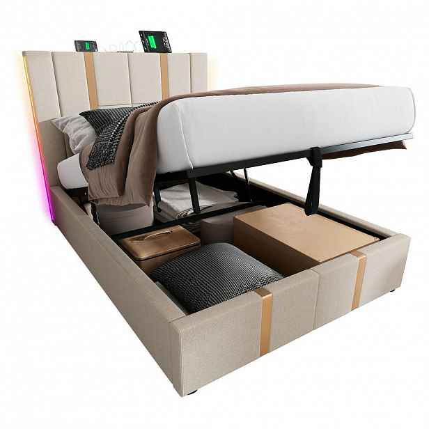 WISHDOR ČALOUNĚNÁ postel 90 × 200 cm v béžové barvě z lnu s úložným prostorem, LED osvětlením, USB a Type-C