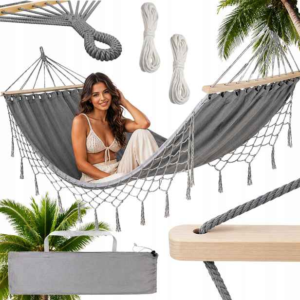 Zahradní Houpací Síť Turistická S Třásněmi Šedá Houpačka Boho Taška 200 X 100 CM