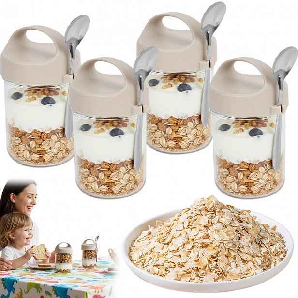 4 X Sklenice Sklenice Na Jogurt Hermetické Ovesné Kaše Overnight Oats S Lžičkou