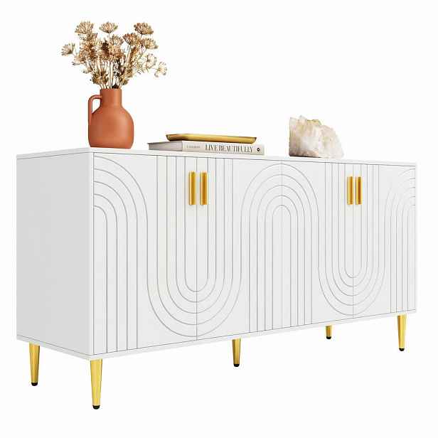 STILVORA KUCHYŇSKÁ SKŘÍŇ bílá s jedinečným vlnitým designem a zlatými úchyty, do obývacího pokoje, 152×40×75 cm