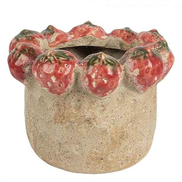 Béžový antik terakotový obal na květináč s jahůdkami M - Ø 15*12 cm Clayre & Eef