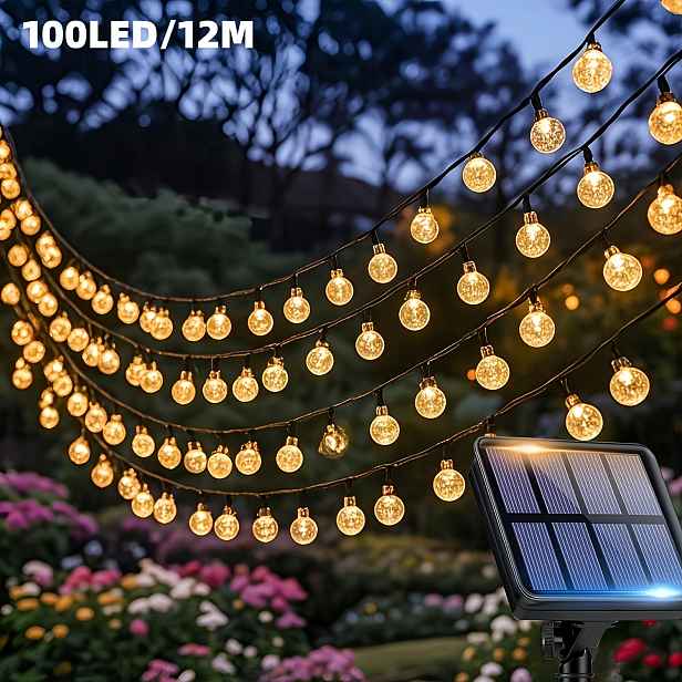 TEMU 1 balení venkovní solární bublifuková řetězová světla, 100/50/20LED-12/7/5m, teplá barva kulovitých řetězových světel, s 8 různými světelnými