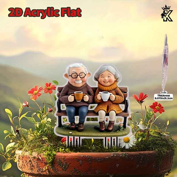 TEMU 2D plochý - 【2D plochý】 2D plochý - [2D plochý] 2D plochý tisk, romantická dekorace do zahrady s staré páry na lavičku z akrylového materiálu -