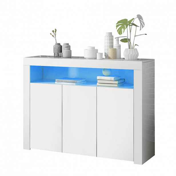 Modfu KOMODA z dřevotřísky 130x35x95 cm bílá s LED osvětlením, 3 dvířky a otevřenými policemi ve vysokém lesku