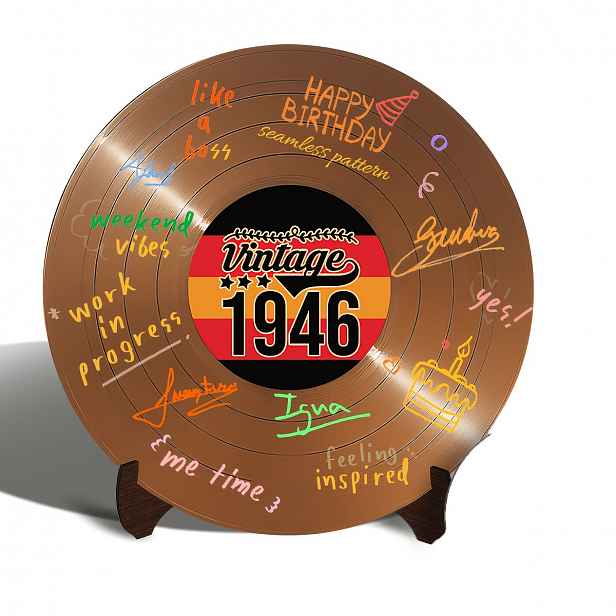 TEMU 1 Vintage 1946 Zlatá vinylová gramofonová deska jako návštěvní kniha s dřevěným stojanem, akrylový ornament ve tvaru desky, dekorace na 80.