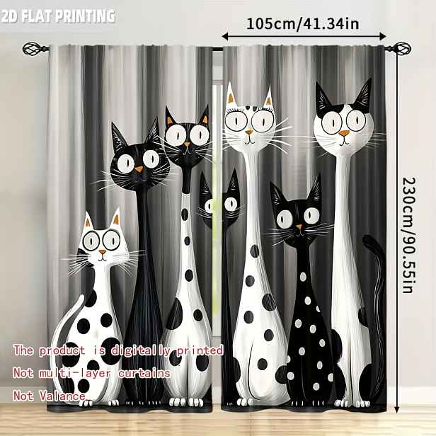 TEMU 2D Ploché, 2 ks, Kreativní Závěsy 2D WhimsyCat Univerzální 100% Polyester (bez Tyče, Bez Pohybu, Bez Baterie) Tepelná Izolace a Zatemňovací