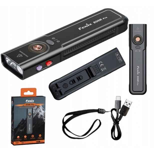 Led svítilna Fenix E06R Pro černá 1600 lumenů 160 metrů Uv Laser Usb-c