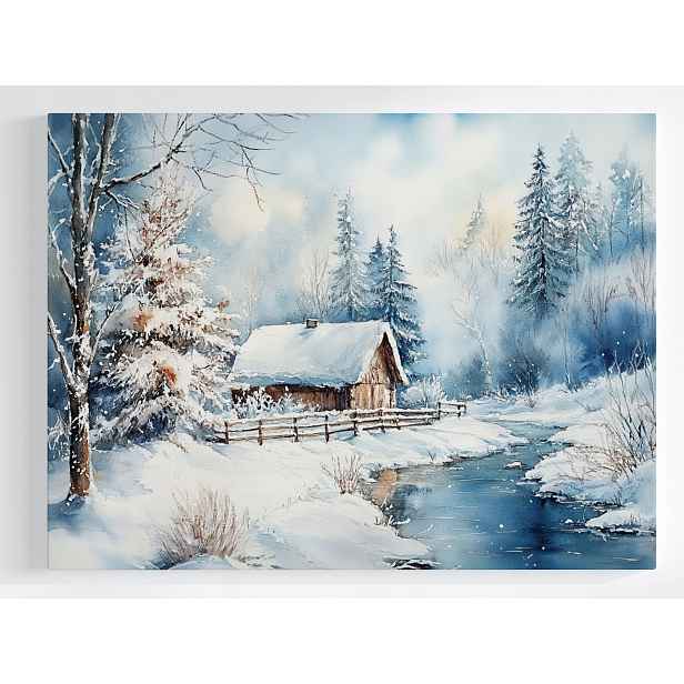 Plakát Krajina Zima Les Dům Řeka Sníh 100x75