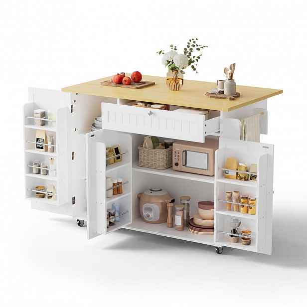 STILVORA SERVÍROVACÍ VOZÍK v bílé barvě, kuchyňský ostrůvek se sklopnou pracovní deskou a kolečky, 120 × 45 (70) × 92 cm