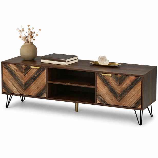 STILVORA TV STOLEK v přírodním dekoru s dvířky z masivní dýhy, zlatými úchyty a železnými nohami, 155×38×48 cm