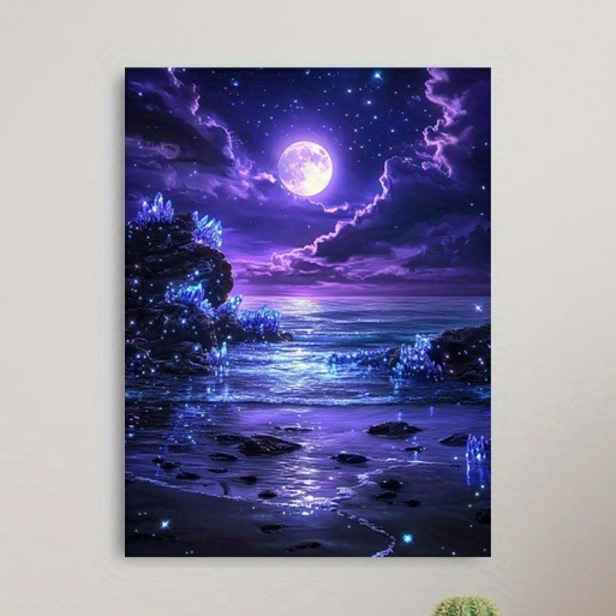 TEMU 2D Ploché, Bezrámové Plátno na Zeď - Úplněk na Fialové Svítící Pláži - Univerzální Dekorace do Domácnosti, Vhodné na Vánoce, Halloween,