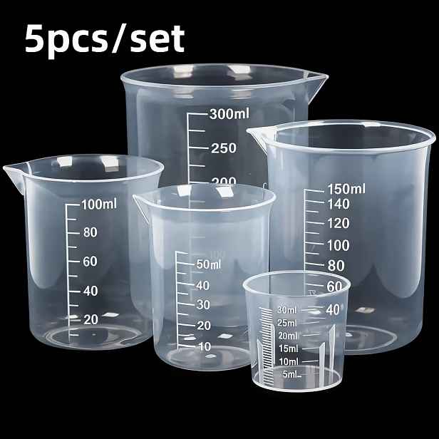 TEMU Sada 5 ks odměrek o objemech 30 ml, 50 ml, 100 ml, 150 ml ml, přesné a průhledné plastové odměrky s ryskami, misky na míchání , multifunkční