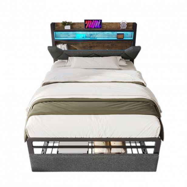 WISHDOR ČALOUNĚNÁ postel 90 × 200 cm v šedé barvě z lnu s úložným čelem, zásuvkou, LED osvětlením, USB a Type-C