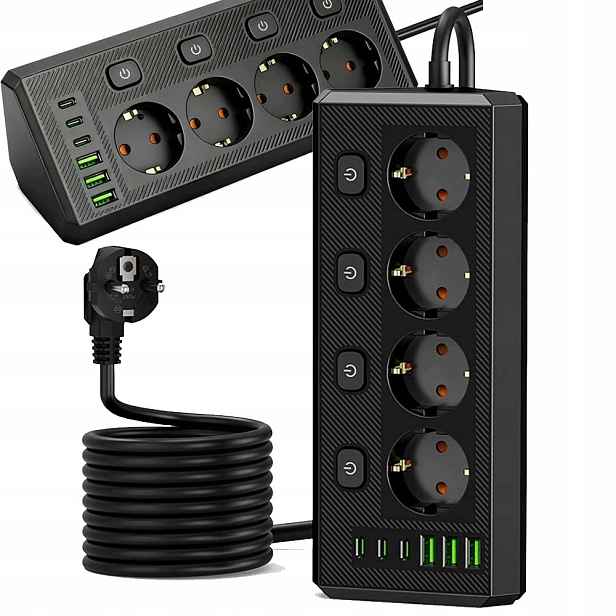 Prodlužovací Kabel Zásuvková Lišta 6X Usb 4 Zásuvky 2M Uzemnění Nabíječka 45°
