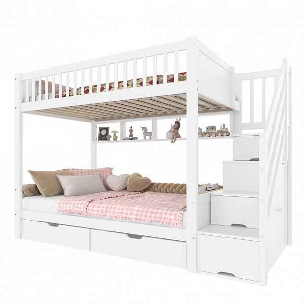 STILVORA ETAGENBETT 90/200 cm in Weiß Kinderbett mit 2 Schubladen, Regal, Kleiderschrank und Staufach
