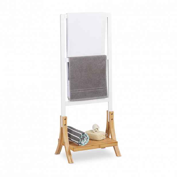 Relaxdays STOJAN Bílá přírodní volně stojící 3-ramenný bambus MDF 104/41/28,5 cm