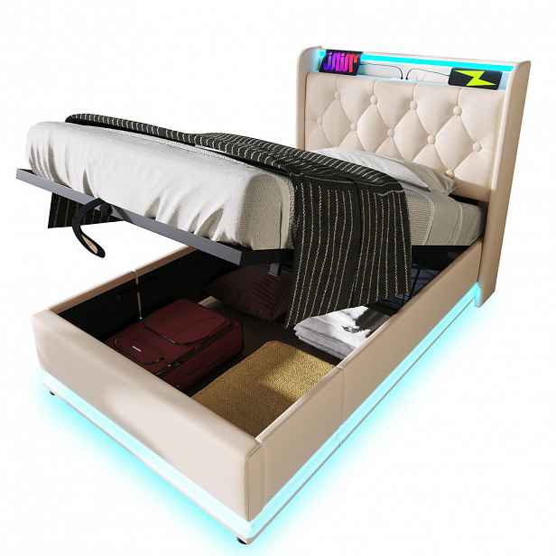 WISHDOR ČALOUNĚNÁ POSTEL 90 × 200 cm v bílé barvě s úložným prostorem, LED osvětlením a USB/USB-C