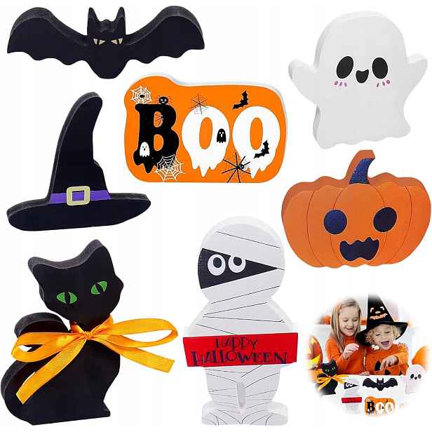 Dřevěné Figurky Halloween 7KS Duše Dýně Kočka Netopýr Čarodějnice