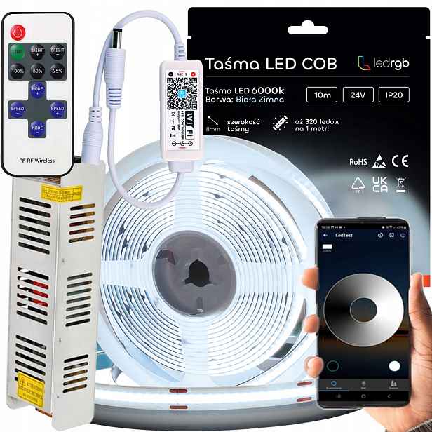 Sada Led pásků Cob 24V 10 m 6000K Bílá Studená Napájecí Adaptér Dálkový Ovladač Wifi Apka