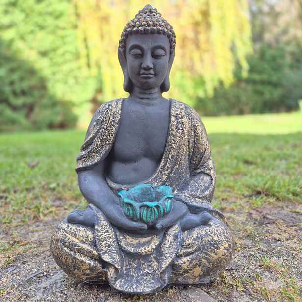 Velká figurka Buddhy s malým květináčem 40 cm, ručně malovaná na zlato,