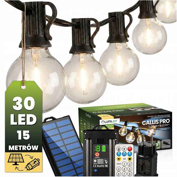 Zahradní solární girlanda 30x Led ozdobné světelné kuličky 15 m Dálkový Ovladač