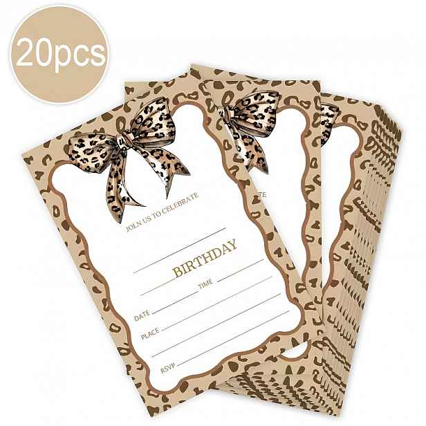 TEMU 20 ks Balení Pozvánek na Narozeniny s Leopardím Potiskem, Vhodné pro Leopardí Mašle, Párty Karty s Leopardím Vzorem, Dekorace na Oslavy a Párty,
