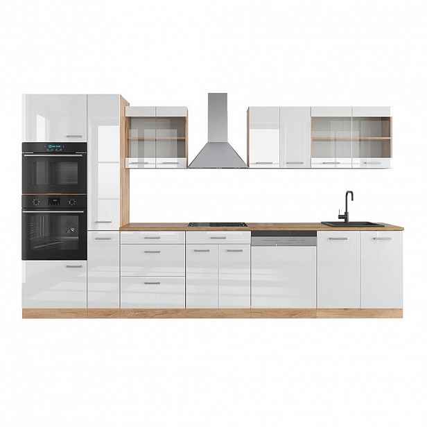 Vicco KUCHYŇSKÝ KOUT R-Line Bílý vysoký lesk/zlatý dub power 350 cm s vysokou skříní, PD Dub