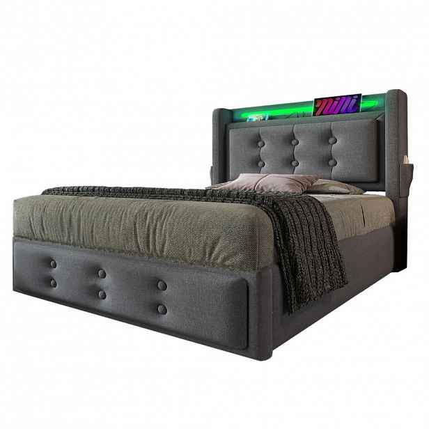 WISHDOR ČALOUNĚNÁ POSTEL 90/200 cm šedá len s úložným prostorem, LED osvětlením, USB portem a Type-C