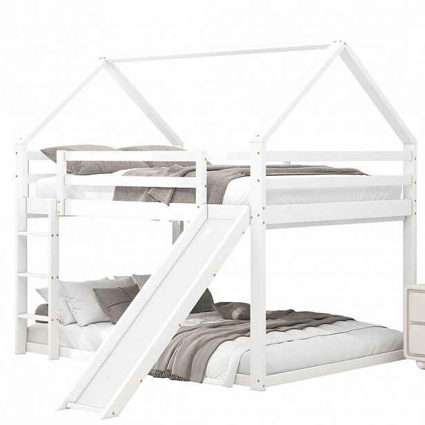 Redom PALANDA 140/200 cm s domkovým designem, skluzavkou a žebříkem, stabilní dřevěná konstrukce, Bílá