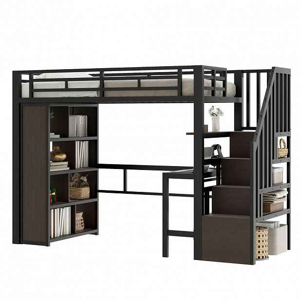 STILVORA HOCHBETT 90/200 cm in Schwarz mit Schreibtisch, Regalen, LED und Stauraumtreppe