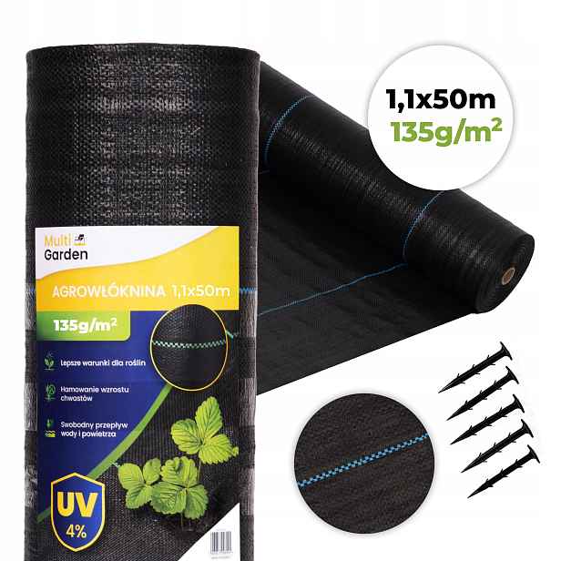 Agrotextilie černá agrotextilie Uv 135g protiplevelová rohož 1,1x50m kolíky