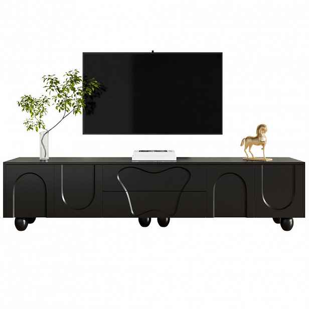 Redom TV stolek 180/40/42 cm s velkým úložným prostorem, zásuvkami a policemi, masivní dřevěné nohy, Černá