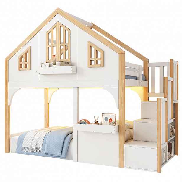 STILVORA ETAGENBETT 90/200 cm in Weiß & Natur mit Stauraumtreppe und LED im Hausbett-Design