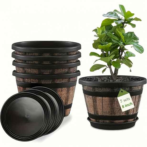 TEMU Sada 10 květináčů ve stylu whisky sudy (obsahuje 5 květináčů a 5 podnosů), 7,78 palce (přibližně 20 cm) s drenážními otvory a podnosem, plastové
