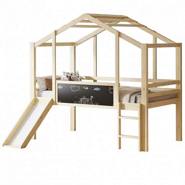 STILVORA HOCHBETT 90/200 cm in Natur Kinderbett mit Rutsche, Leiter und Tafel Massivholz Hausdesign