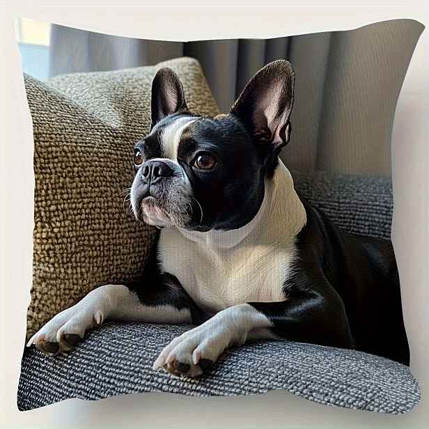 TEMU 1ks Polštářový povlak s potiskem Boston Terrier 18x18 palců - Měkký polyesterový obal se zipem, pratelný moderní dekor do obýváku, ložnice a
