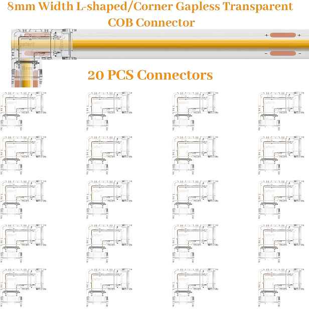 TEMU 8mm 2-pinový COB LED páskový konektor, 20 bezešvých L-tvarových rohových konektorů, 5V, 12V, 24V COB LED páskový adaptér bez pájení, DIY