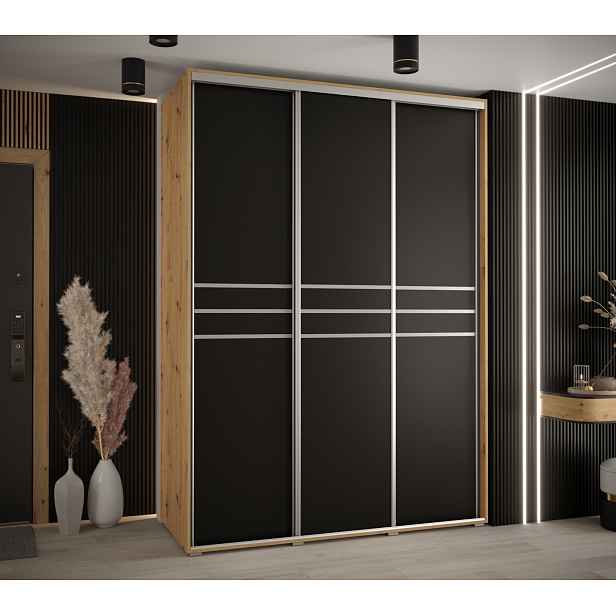 Šatní skříň ASIRI 10 - 180/60 cm, dub artisan / černá / stříbrná