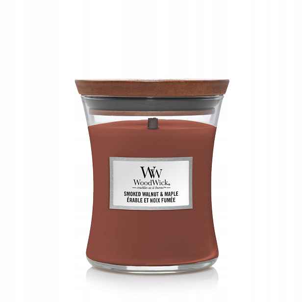 Tradiční sójová svíčka Smoked Walnut & Maple Woodwick střední 275 g Unikát