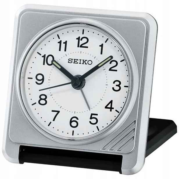 Malý Čtvercový Skládací Stříbrný Cestovní Budík Seiko QHT015S Alarm 7 cm