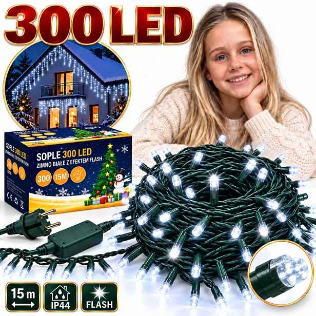 Lampy Rampouchy 300 Led 15 M Studený Bílý Flash IP44 Venkovní Kombinované Silné