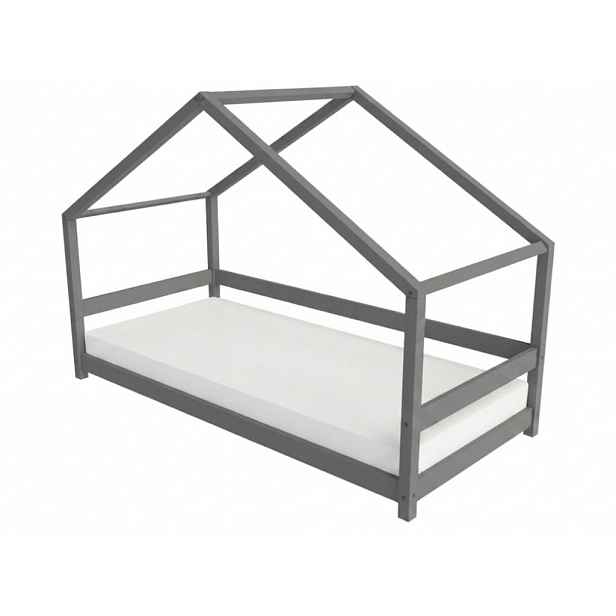Benlemi Dětská postel domeček LUCKY s předním štítem Zvolte barvu: Tmavě šedá, Zvolte rozměr: 140x200 cm, Zvolte zábranu: S otevřeným vstupem